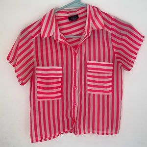 Rue 21 see through mesh pink & white pin striped collared button up S